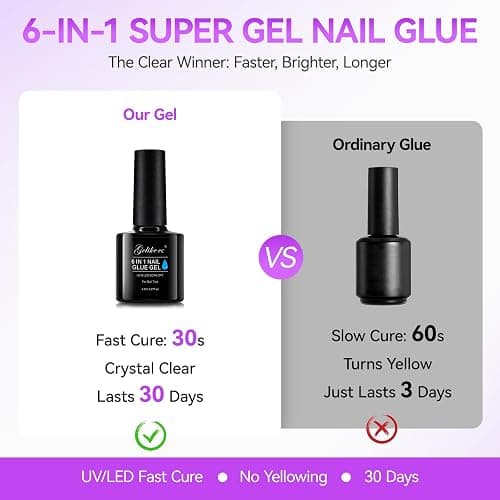 Gelike ec Nagelkleber Für Kunstnägel 6 in 1Clear Extra Stark Nail Glue Für Press On Nail Glue Gel For Nail Tips Nagelkleber Gel Für Fake Nails-Brauchen Ausharten Unter UV Nagellampe 8ML thumbnail 6