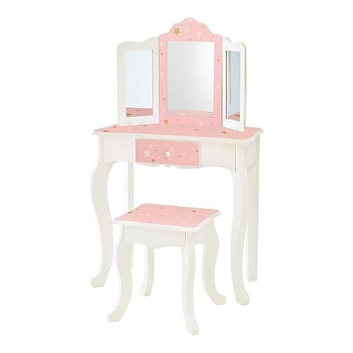 Teamson Kids Princess Gisele Twinkle Star Print 2-Piece Kids Wooden Play Vanity Set with Vanity Table, Tri-Fold Mirror, Storage Drawer, and Matching Stool, White with Pink and Gold Star Accent - Image 1