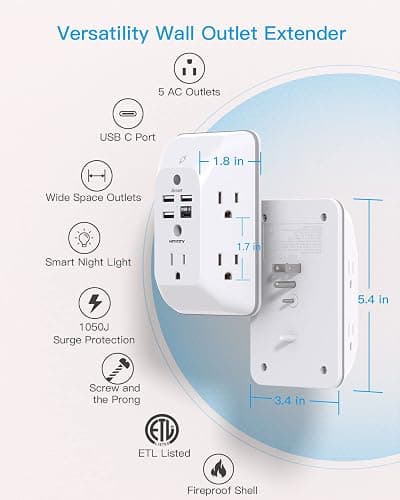 Outlet Extender with Night Light, HANYCONY Multi Plug Outlet, USB Wall Charger Surge Protector 4 USB Ports(1 USB C), Power Strip Electrical Outlet Splitter Expander for Home Office Dorm Room, ETL thumbnail 3