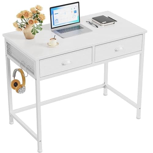 Furologee White Small Computer Desk with 2 Fabric Drawers for Bedroom,34 Inch Simple Home Office Writing Desk, Vanity Desk with Hooks, Study Table for Adults Student Small Spaces - Image 1