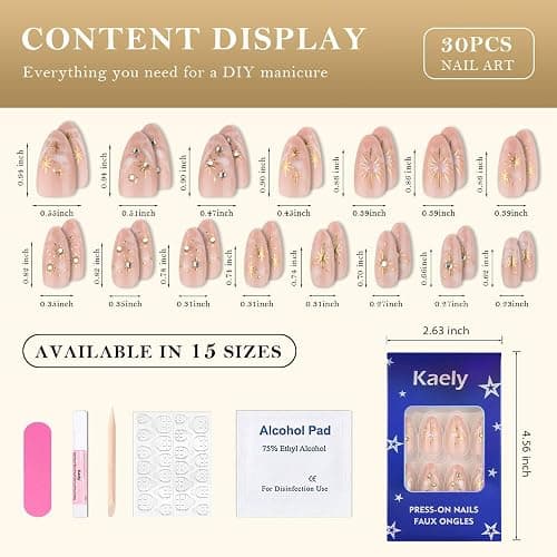 XZMeiLun 3D Boho Stars Gold Press On Nails Almond Medium 30Pcs, Heart Charms Design Reusable Acrylic Nails Press Ons, Fake Nails With Cute Celestial Glue On Nail, Daily Wear False Nail For Women thumbnail 5
