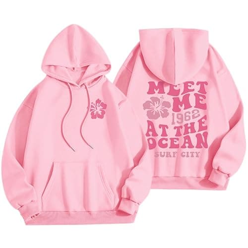Lubpow Cute Pink Flower Hoodie for Woman Preppy Sweatshirts Trendy Puff Print Letter Graphic Hoodies Casual Pullover Tops - Image 1