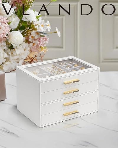 Vlando Jewelry Box for Women, Glass Lid Jewelry Organizer with 4 Drawers for Necklaces Rings Earrings Bracelets Christmas Gift - White thumbnail 2