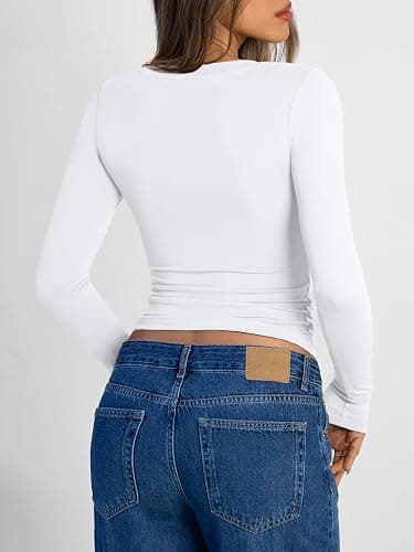 Trendy Queen Long Sleeve Shirts for Women 2025 Fall Fashion V Neck Basics Crop Tops Slim Fitted Y2K Tops Outfits Clothes thumbnail 4