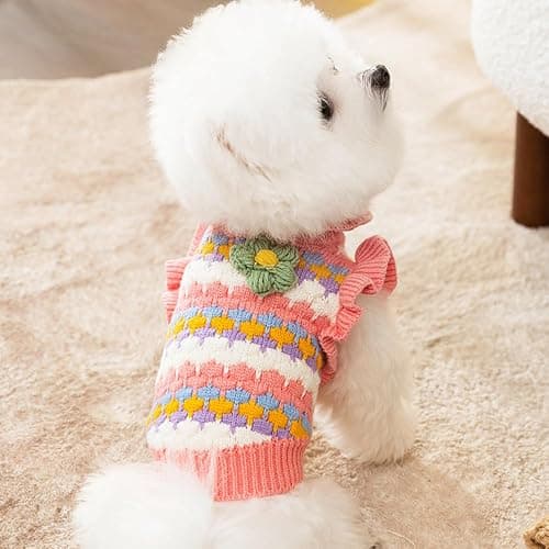 Anelekor Small Dog Sweater, Knitted Tulip Cat Sweater, Warm Thick Holiday Puppy Clothes for Small Dog Girl,Cold Weather Outfit for Kitten Chihuahua Yorkie Teacup Dachshund Pug (Pink, X-Small) thumbnail 2