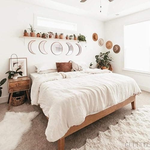 5 Pieces Scandinavian Natural Decor Acrylic Wall Decorative Mirror Interior Design Wooden Moon Phase Mirror Bohemian Wall Decoration for Home Living Room Bedroom Decor - Acrylic,Not Real Mirror(Beige) thumbnail 2