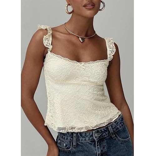 Women Y2k Lace Trim Tank Tops Teen Girl Fairycore Sleeveless Solid Going Out Streetwear Summer Crop Camisole thumbnail 5