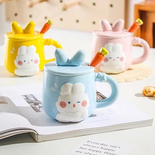 Heardbeli Cute Ceramic 3D Cartoon Rabbit Bunny Coffee Mug 420ML/14.2OZ, with Rabbit Ear Lid and Carrot Spoon, Fun and Novelty Gift for Women Girls (Blue) thumbnail 2
