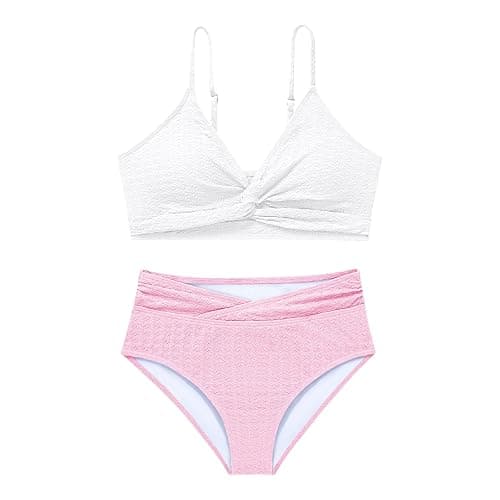 Girls Swimsuit Solid Bathing Suit 2 Piece Twist Cross Adjustable Straps Soft Lining Bikini for Teen Girls with Chest Pad - Image 1