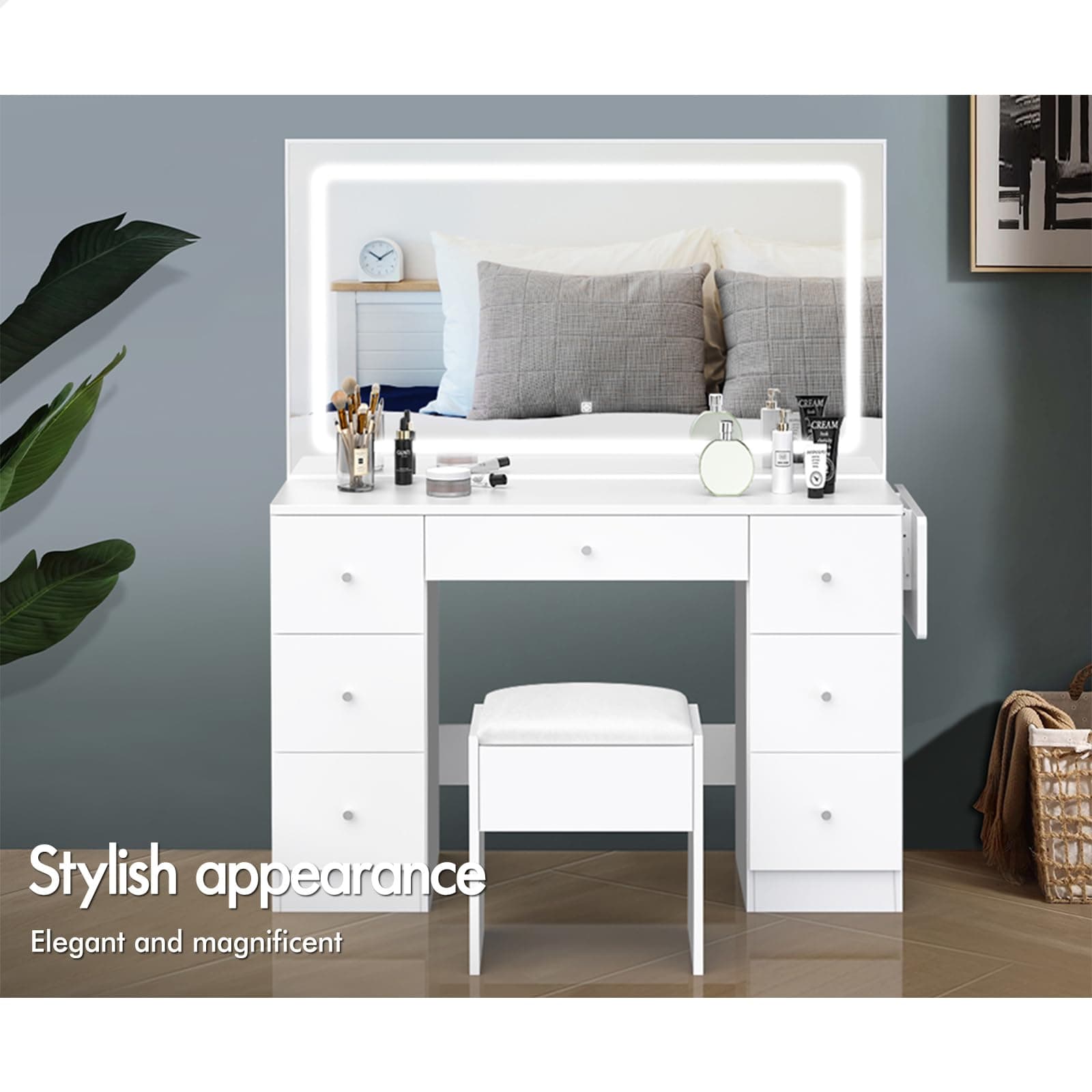 ALFORDSON Vanity Dressing Table Chair Set with LED Mirror, 140cm Dress Table and Matching Stool Sets, Makeup Desk with Extendable Countertop, White thumbnail 3