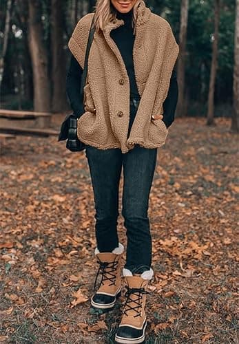 Hongqizo Womens Fuzzy Fleece Vest Casual Oversized Warm Button Down Sherpa Vest Jacket with Pockets thumbnail 4