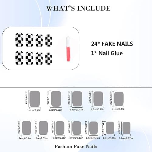 IMRAIN Press on Nails Short Square Fake Nails Black White Checkered Pattern Designs Glossy Full Cover Artificial False Nails Gel Stick on Acrylic Nails for Women 24PCS thumbnail 4