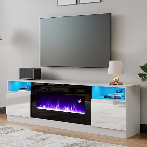 AMERLIFE TV Stand with Fireplace, LED Light Entertainment Center with 36" Electric Fireplace, 70" Modern Wood Entertainment Stand with Highlight Storage Cabinet for TVs up to 80", White & Black - Image 1