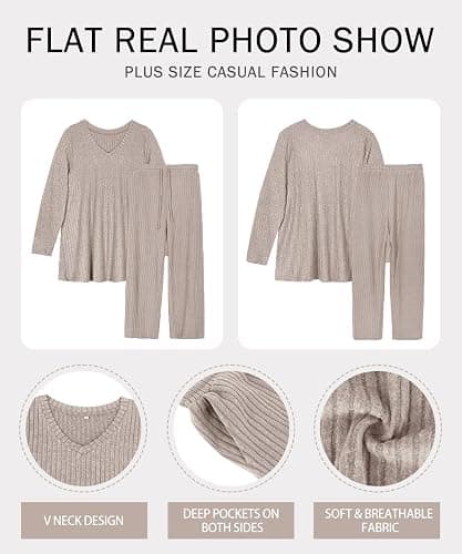 RITERA Womens Plus Size 2 Piece Outfits Lounge Sets Knit Sweatsuit Long Sleeve Pullover Tops Wide Leg Pant Pajama Sets XL-5XL - Khaki - 3X-Large Plus thumbnail 5