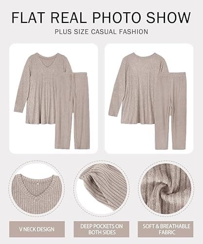 RITERA Womens Plus Size 2 Piece Outfits Lounge Sets Knit Sweatsuit Long Sleeve Pullover Tops Wide Leg Pant Pajama Sets XL-5XL - Khaki - 3X-Large Plus thumbnail 5