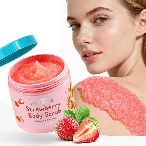 Herbicos Strawberry Body Scrub with Retinol & Vitamin C - Exfoliating & Moisturizing Sugar and Sea Salt Scrub for Smooth, Glowing Skin - Improves Dry Skin - 14.1 oz (600g) - Image 1