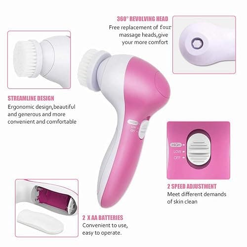 Facial Cleansing Brush Face Brush Electric Face Massager Facial Cleansing Spin Brush Set for Gentle Exfoliating,Removing Blackhead Gift Skincare for Teenage Girl(Pink1) thumbnail 3