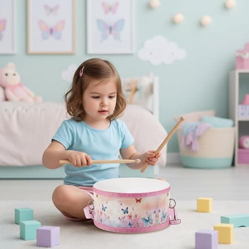 Boao 1 PC Kids Drum Set, 8 Inch Toddler Drum Wooden Toy with Adjustable Strap and 2 Drumsticks, Educational Sensory Musical Instrument for Toddlers Kid Baby Boys Girls Gift(Butterfly) thumbnail 6