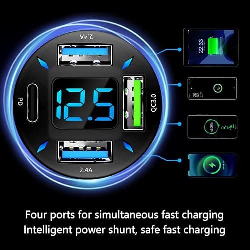 Car Charger 66W Super Fast Charging with USB PD&QC 3.0(Voltmeter&LED Lights) Universal Quick Charge for 12-24V Car Cigarette Lighter Plug,Compatible with iPhone 14 13 12,S22 S21 S20,iPad(Black) thumbnail 4