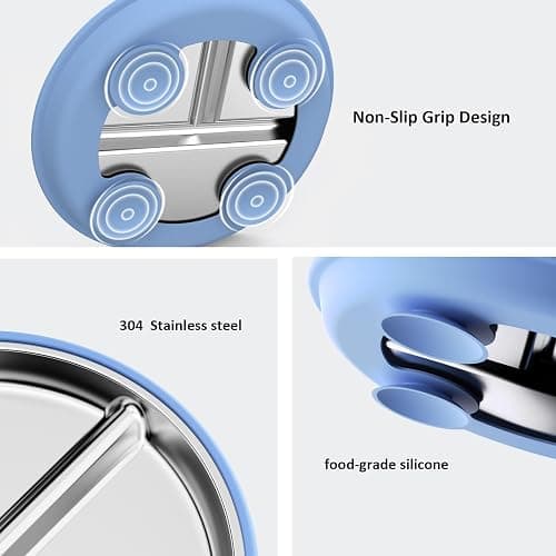 Bakpoco Stainless Steel Suction Plates for Toddlers, 8" Divided Kids Baby Plates with Removable Silicone Suction, Non Toxic Non Slip Portion Control Snack Dishes 3 Packs, Blue Gray Beige thumbnail 8