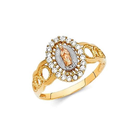 Savlano 18K Gold Plated Yellow White & Rose Tri Color Lady of Guadalupe Virgin Mary with Round Cut Cubic Zirconia Women Religious Ring thumbnail 2