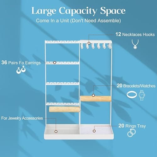 Jewelry Organizer Stand, Jewelry Holder Tree and Storage, Super Large Capacity, 72 Earring Holes, 12 Necklace Hooks, 20 Rings Slot, 2 Bracelet Bars, Assemble Not Required, Size 3.94*9.84*13.78 Inch thumbnail 9