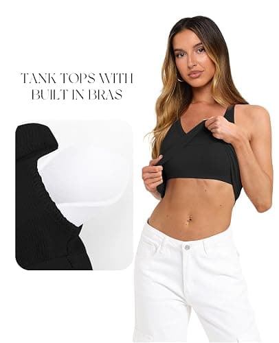 Darong Women's Racerback Crew Neck Tank Tops with Built in Bra Ribbed Slim Fitted Camisole Basic Tee Summer Clothes 2026 thumbnail 5