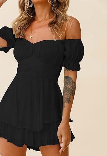 Fixmatti Women Boho Romper Off Shoulder Ruffle Chiffon Shorts Jumpsuit Playsuits thumbnail 2