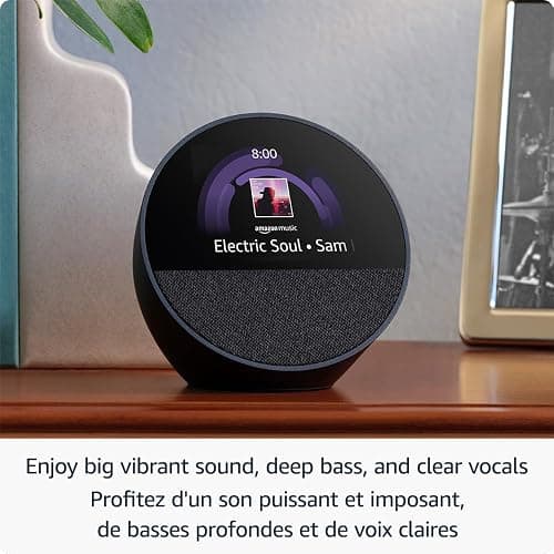 Amazon Echo Spot (newest model), Great for nightstands, offices and kitchens, Smart alarm clock with Alexa+ Early Access, Black thumbnail 3