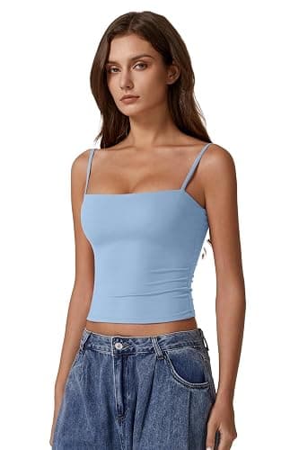 QINSEN Women's Double Lined Basic Tank Top Adjustable Spaghetti Straps Sleeveless Camisole Shirts thumbnail 3
