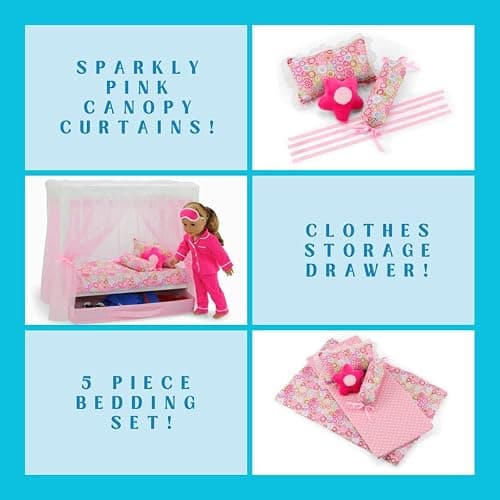 Emily Rose 18" Doll Canopy Bed with 5-Piece Bedding Set and Doll Clothes Clothing Storage Drawer - 18-inch Doll Bedroom Furniture & Accessories | USA Business | Ideal Bed for 14"-19" Dolls thumbnail 7