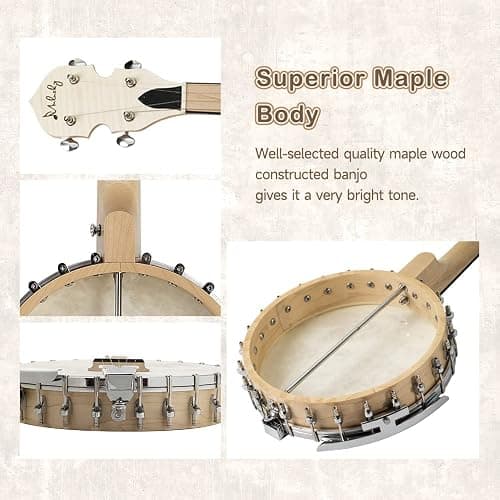 5 String Banjo, Mulucky Full Size with 24 Brackets Banjo, Open Back, Maple Banjos with Remo Head, Geared 5th Tuner, Gift Package with Beginner Kit - MB1101 thumbnail 4