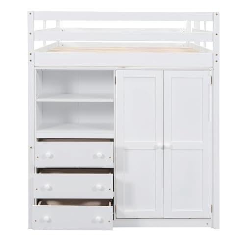 Harper & Bright Designs White Full Size Loft Bed with Desk & Wardrobe, Solid Wood Kids Loft Bedframe w/3 Storage Drawers & 2 Shelves, Maximum Space Design, for Bedroom, Dorm thumbnail 9