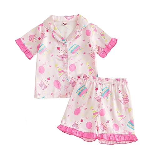 Kavousa Toddler Baby Girls Birthday Pajamas Donut Cake Bow Print Ruffle Shirt Shorts Little Girls Summer Sleepwear Outfits - Image 1