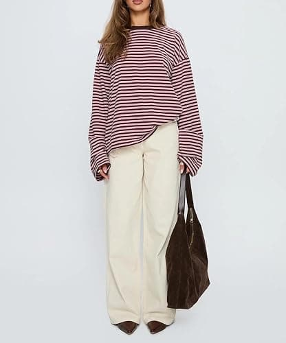 Foidiccx Striped Long Sleeve Shirt Women Y2k Oversized Crewneck Vintage Tops Fall Winter Drop Shoulder Cute Preppy Pullover thumbnail 6