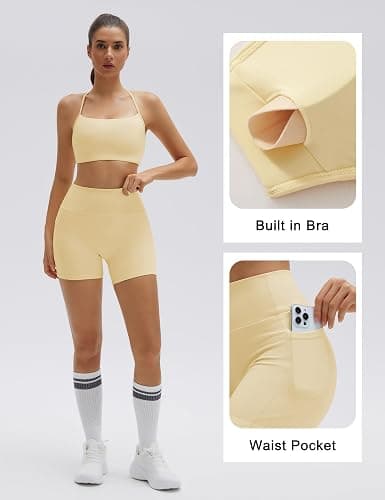 SUUKSESS Women 2 Piece Workout Sets Padded Halter Sports Bras High Waisted Biker Shorts with Pockets thumbnail 3