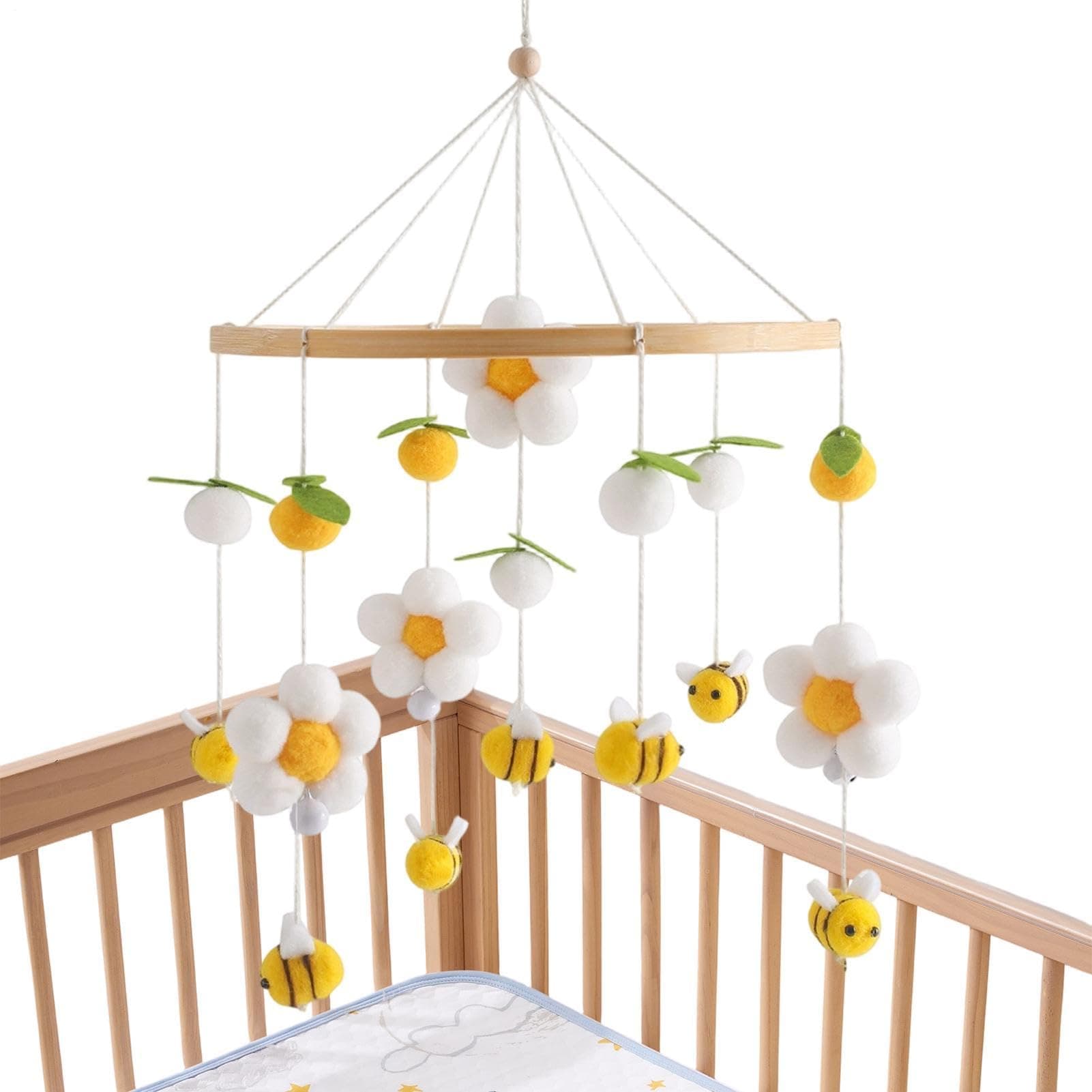 Móvil De Cuna, Decoración De Madera, con Pompones, Flores y Abejas Móvil de Cuna de Madera, Para Niños Pequeños, Guardería, Sala De Juegos Y Cochecito thumbnail 7
