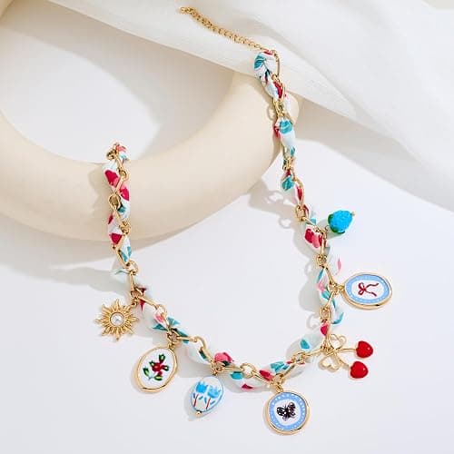 LILIE&WHITE Gold Charms Necklace for Women Bandana Necklace with Colorful Charms Necklaces Beach Jewelry Gift thumbnail 4