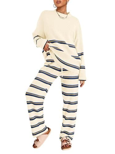 LILLUSORY 2 Piece Sets for Women 2025 Fall Outfits Two Piece Lounge Sets Sweatsuits Striped Knit Sweater Clothes Fashion - Image 1