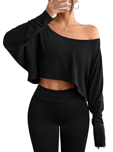Hilinker Womens Off Shoulder Long Sleeve Crop Tops Sexy Boat Neck Loose Casual T Shirt - Image 1