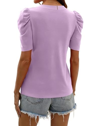 IECCP Women V Neck T Shirts Puff Short Sleeve Tops Fashion Dressy Casual Tunic Loose Fit Blouses thumbnail 6