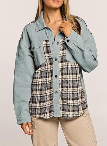 SHEWIN Womens Oversized Denim Jacket Casual Long Sleeve Button Down Plaid Shacket Boyfriend Jean Jacket With Pockets thumbnail 9