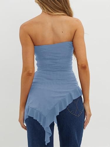 Womens Strapless Tube Tops Summer Asymmetrical Long Ruched Mesh Shirts Cute Y2k Ruffle Hem Going Out Bandeau Top thumbnail 5