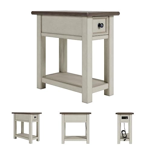 Signature Design by Ashley Bolanburg Chairside End Table With Charging Station, Two-Tone Wood Accent Table With Drawer Storage, Plank Top Design for Living Room or Bedroom, Antique White thumbnail 5