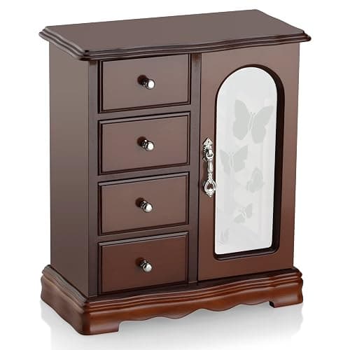 RR ROUND RICH DESIGN Jewelry Box - Made of Solid Wood with 4 Drawers Organizer and Built-in Necklace Carousel and Large Mirror Brown thumbnail 4