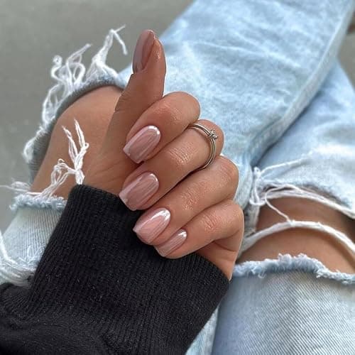 Nude Press On Nails Short - KQueenest Chrome Press On Nails Square, Sparkly Fake Nails Press ons, Bling Glazed Glue on Nails Short Coffin, Cute Shiny False Nail Gel Stick On Nails for Women Weddings thumbnail 2