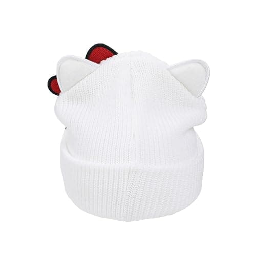 Hello Kitty Novelty Ear White Acrylic Beanie with Cut Fabric Bow with Embroidery and Red Woven Label Cuff Beanie thumbnail 5