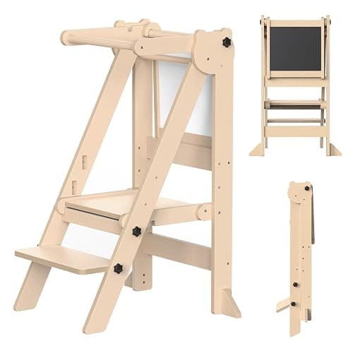 Foldable Toddler Tower, Wooden Toddler Kitchen Stool with 3 Adjustable Heights and Removable White/Blackboard, Montessori Foldable Learning Tower Kitchen Stool, Natural Wood thumbnail 9