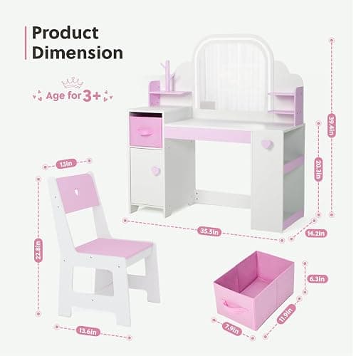 Frogprin Kids Vanity with Lights and Chair, Princess Makeup Vanity Desk with Mirror Bookshelf Storage Cabinet,3 in 1 Toddler Vanity Table Makeup Dressing Table, Pretend Play Vanity Set for Little Girl thumbnail 2