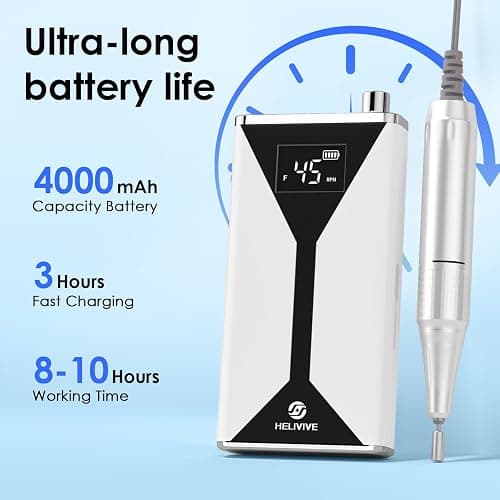 HELIVIVE Professional Electric Nail Drill 45000RPM (Portable & Rechargeable) (with 11 Drill Bits ) Cordless Nail File Machine for Shaping, Polishing & Removing Gel Nails for Salon Home (White) thumbnail 3